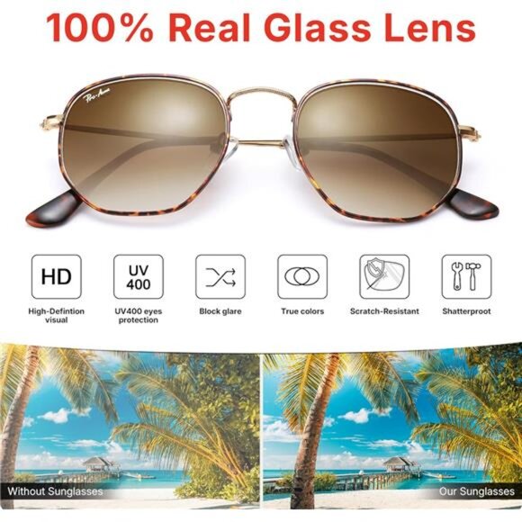 Small Square Sunglasses Real Glass Lens Hexagonal Frame UV400 Women Men Metal main image 4